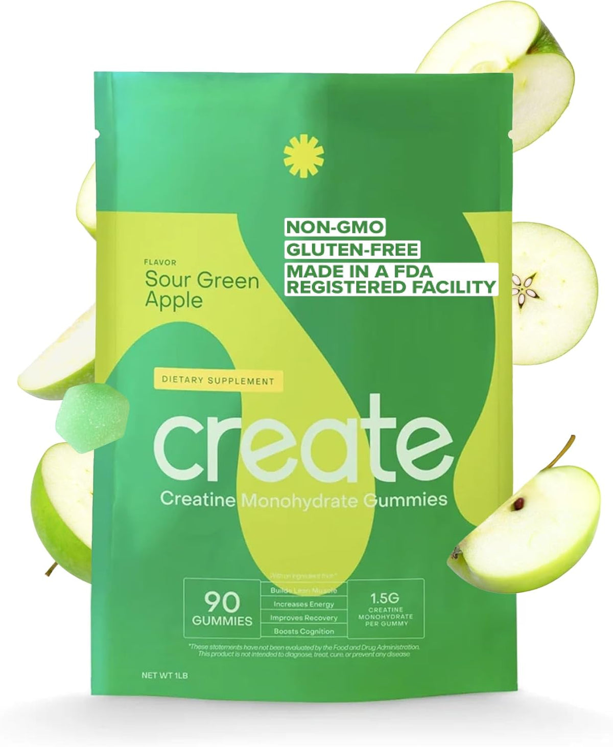 Creatine Monohydrate Gummies for Men & Women (Sour Green Apple, 90 ct)