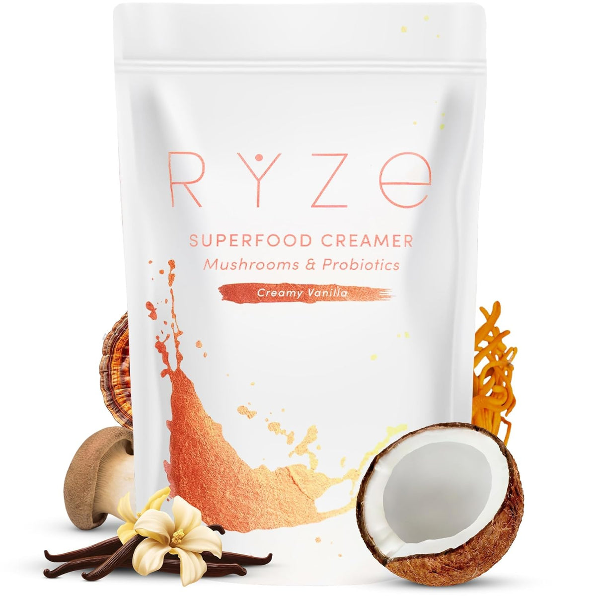RYZE SUPERFOODS Probiotic Coffee Creamer with 6 Organic Adaptogenic Mushrooms & Probiotics 30 serving