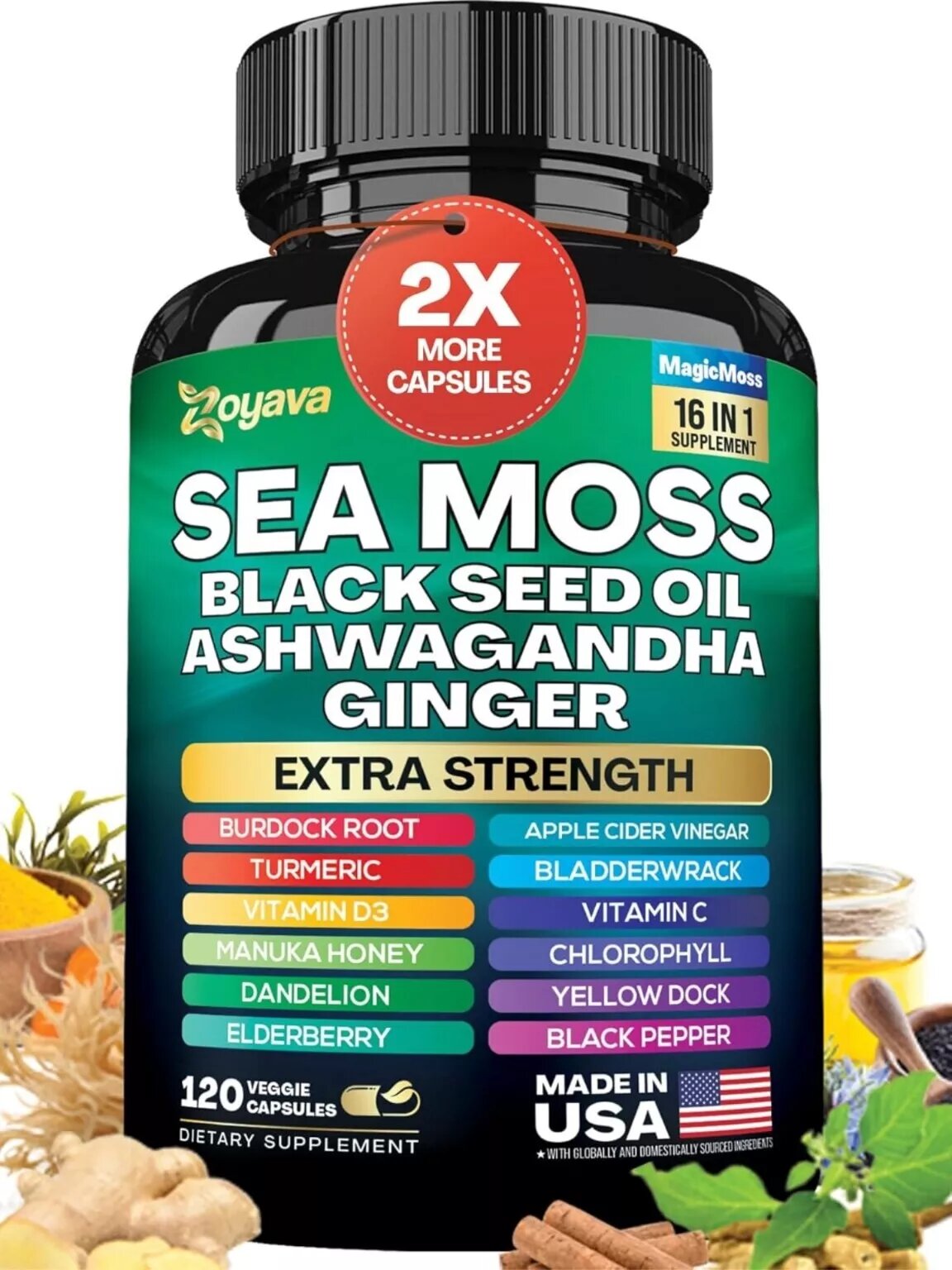 120 capSea Moss 7000Mg Black Seed Oil 4000Mg Ashwagandha 2000Mg Turmeric 2000Mg 120 Cap