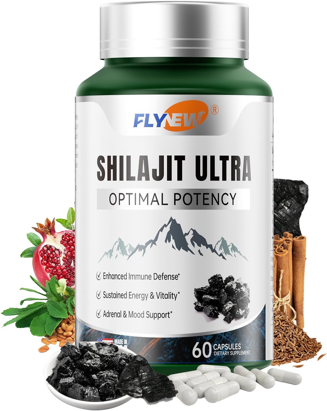 Flynew Shilajit Ultra Optimal Potency, Shilajit Extract with L-Arginine, 60 Capsules