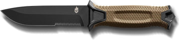 Gerber StrongArm Fixed Blade Knife Serrated Edge - Coyote Brown with cut